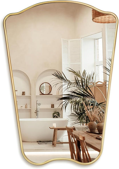 PERFNIQUE Gold Bathroom Mirror Irregular Wall Mirror, 32'' x 23'' Wood Framed Mirror, Decorative Vintage Mirror, Modern Vanity Mirror for Over Sink Bathroom Living Room Entryway, Modern Wall Decor