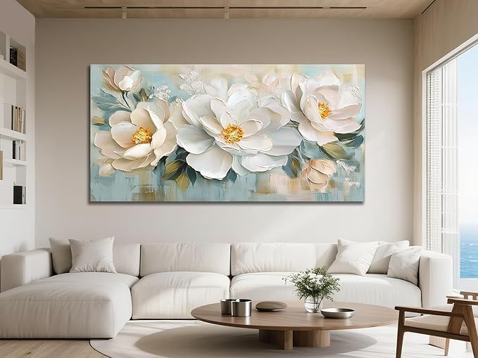 Enartly White Flowers Canvas Wall Art, Natural Plant Painting Textured Artwork for Living Room Bedroom Hallway Kitchen Dining Room Home Office Wall Decor, 40"x20"