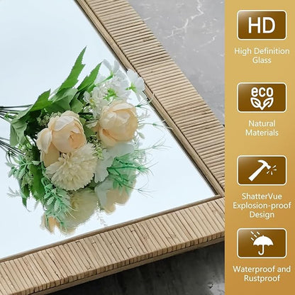 Decorative Rattan Wall Mirror, Boho Bathroom Modern Makeup Mirror, Rustic Wall Bohemia Mirrors for Bedroom, Living Room, Vanity Versatile Farmhouse, Nursery, Bathroom, 36"x24", Arched