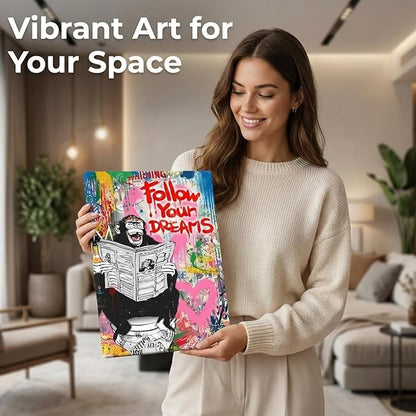 Monkey on Toilet Canvas Print Wall Art Follow Your Dreams Funny Wall Decor Animal Graffiti Poster Framed Artwork for Living Room Bedroom Bathroom Decoration Ready to Hang 12x16inch