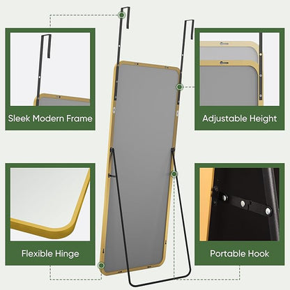 Suidia Full Length Mirror Over the Door&Wall Mounted, 48"x14" Door Mirror with Aluminum Alloy Frame, HD Shatterproof, No-Drill, Hanging Mirrors for Bedroom, Bathroom, Dorm, Closet, Rounded Rect, Gold