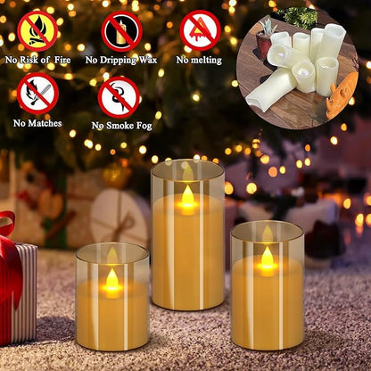 wemarry Flameless Candles 4" 5" 6" Acrylic Glass Pillars 3" Diameter Battery Operated Flickering Candles Include 8-Key Remote with Timer Function 400+ Hours (Amber, Warm Light 6 Pack)