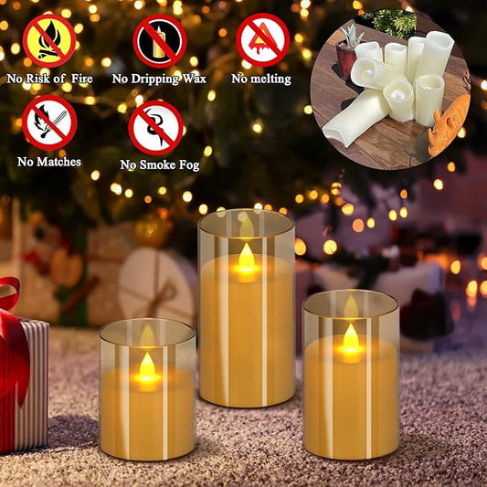 wemarry Flameless Candles 4" 5" 6" Acrylic Glass Pillars 3" Diameter Battery Operated Flickering Candles Include 8-Key Remote with Timer Function 400+ Hours (Amber, Warm Light 6 Pack)