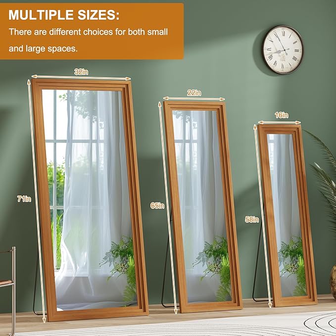 ZHUNFA Full Length Mirror,65x22 Inch Full Length Mirror Wall Mounted,Vertical Hanging,Leaning Standing for Bedroom,Living Room,Rectangular Wooden Frame,Walnut Color.