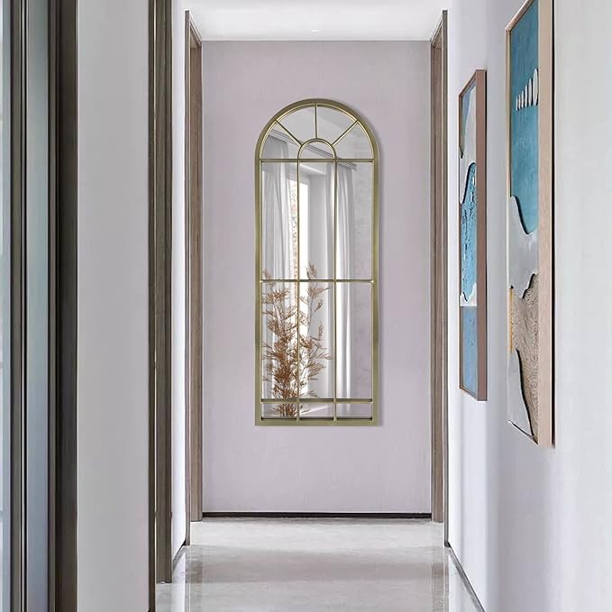 HQiJun Wall Mirror Window Decorative Mirrors Arched Farmhouse for Living Room Bedroom Entryway Bathroom Vanity(Gold,47” x17” x 1”)