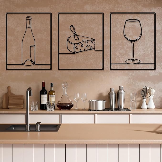 Otoolling 3 Pieces Metal Minimalist Line Kitchen Signs Wall Decor Drawing Rustic Kitchen Wall Art for Dining Living Room Home, 14 x 11 Inches(Wine,Black)