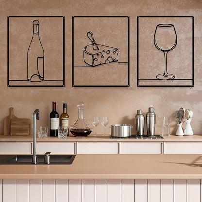 Otoolling 3 Pieces Metal Minimalist Line Kitchen Signs Wall Decor Drawing Rustic Kitchen Wall Art for Dining Living Room Home, 14 x 11 Inches(Wine,Black)