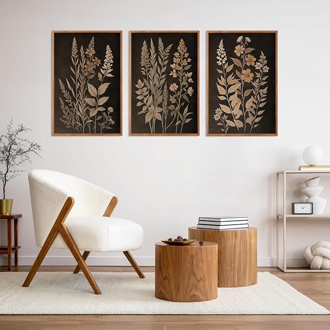 HLNIUC Vintage Botanical Fern Framed Canvas Wall Art Set,Black and Tan Plant Leaves Wall Decor,Modern Farmhouse Art Print,Neutral Minimalist Herb Floral Wall Painting for Living Room,Office - 24x36x3