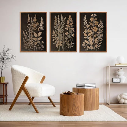 HLNIUC Vintage Botanical Fern Framed Canvas Wall Art Set,Black and Tan Plant Leaves Wall Decor,Modern Farmhouse Art Print,Neutral Minimalist Herb Floral Wall Painting for Living Room,Office - 24x36x3