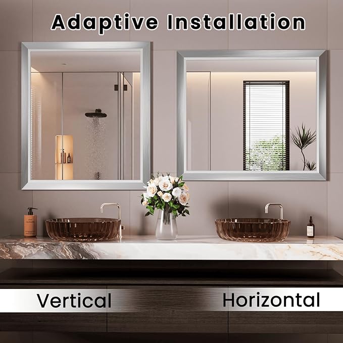Amorho Bathroom Mirror, 28x32 Inch Silver Thick Metal Framed Wall Mirrors for Over Sink, Brushed Nickel Mirror Perfect for Bedroom, Living Room, Entryway, Rectangle (Horizontal/Vertical).