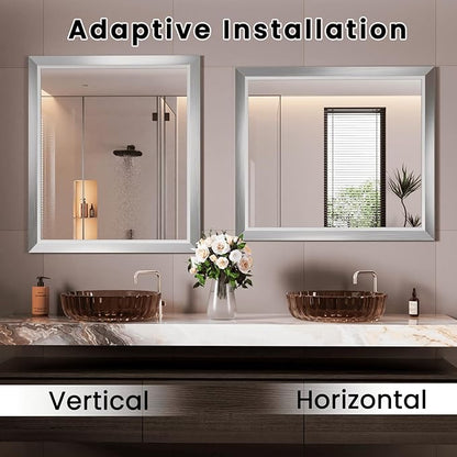 Amorho Bathroom Mirror, 44x36 Inch Silver Thick Metal Framed Wall Mirrors for Over Sink, Brushed Nickel Mirror Perfect for Bedroom, Living Room, Entryway, Rectangle (Horizontal/Vertical).