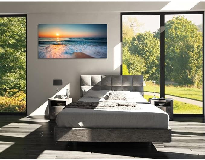 TutuBeer 1 Panel Beach Pictures Wall Art Blue Sea White Beach at Sunrise Pictures Print on Canvas Sea Wall Decor Seascape Paintings for Home Decor Stretched and Framed Easy to Hang 24x48 inch