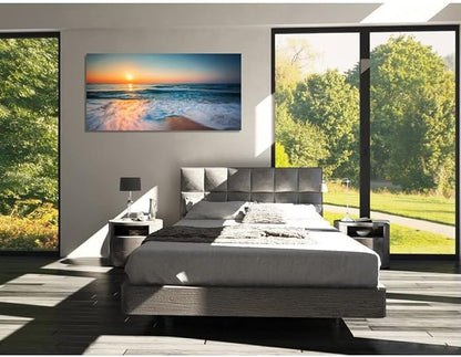 TutuBeer 1 Panel Beach Pictures Wall Art Blue Sea White Beach at Sunrise Pictures Print on Canvas Sea Wall Decor Seascape Paintings for Home Decor Stretched and Framed Easy to Hang 24x48 inch