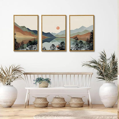 Bwodke Framed Wall Art Canvas Mountain Wall Art Set of 3 Boho Watercolor Nature Landscape Picture Decor Sun Forest Prints Artwork for Living Room Bedroom Office 16"x24"
