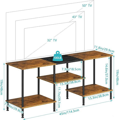 Industrial TV Stand with Storage for 50 inch TV Rustic TV Cabinet with Open Storage Shelf Small Entertainment Center Wood Console Table with Metal Round Tubes for Living Room Bedroom, Brown, 45 Inches