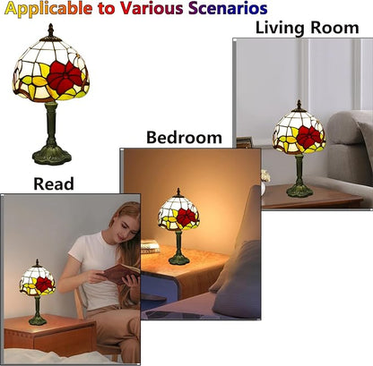 Tiffany Style Table Lamp, 3 Color Temperatures Bedside Lamp, 8 Inch Stained Glass Desk Light for Home Office Bedroom Living Room (Three Flower Pattern)