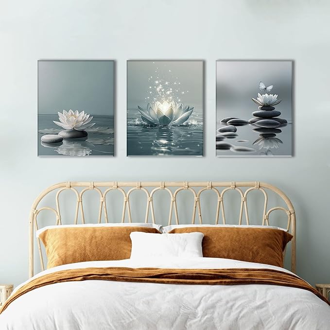 AOYUSMO 3 Piece Lotus Flower Wall Art Zen Bathroom Wall Decor Spiritual Canvas Art Yoga Room Pictures Meditation Paintings Spa Artwork For Living Room Bedroom