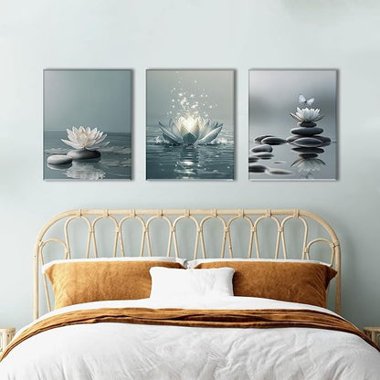 AOYUSMO 3 Piece Lotus Flower Wall Art Zen Bathroom Wall Decor Spiritual Canvas Art Yoga Room Pictures Meditation Paintings Spa Artwork For Living Room Bedroom