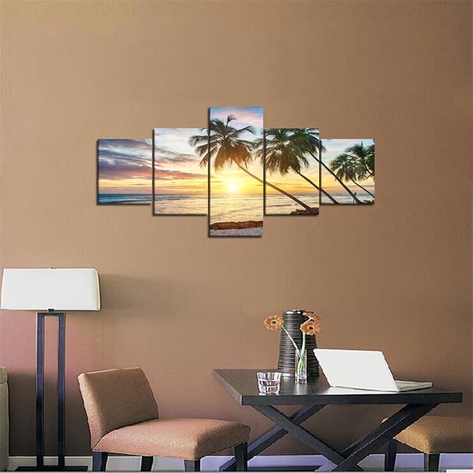 Modern Beach Painting Beautiful Sunset Landscape Ocean Pictures Framed Stretched for Living Room Home Decor Posters and Prints Seascape Wall Art Painting on Canvas 5 Panels (50''W x 24''H)