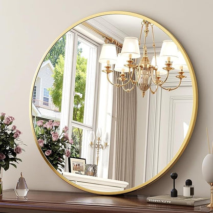 XRAMFY 24 Inch Round Mirror - Circle Mirrors for Bathroom, Entryway and Living Room Wall Decor, Modern Hanging Vanity Mirror, Matte Gold Circle Decorative Wall Mirror