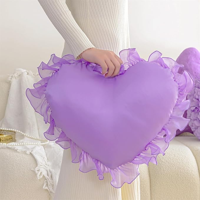 MOJUN Heart Pillow, Soft Heart Shaped Pillow with Ruffles Decorative Throw Pillows for Sofa Bed Chair Cute Room Decor Heart Shaped Throw Pillow Cushion for Floor Living Room Bedroom, Purple