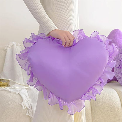MOJUN Heart Pillow, Soft Heart Shaped Pillow with Ruffles Decorative Throw Pillows for Sofa Bed Chair Cute Room Decor Heart Shaped Throw Pillow Cushion for Floor Living Room Bedroom, Purple