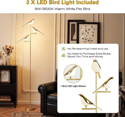 Remote Control Floor Lamps for Living Room: with 3 Adjustable LED Bird Lights - Easy to Install in 5 Minutes - Dimmable Standing Lamp - Tall Bird Floor Lamp for Bedroom Kids Room Home Decor