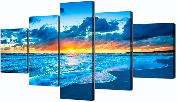 Canvas Painting Beach Ocean Sunrise Modern Landscape Painting on Canvas 5 Piece Print HD Sea View Pictures Giclee Artwork Wall Art for Living Room Home Decor Wooden Framed Stretched (60''W x 32''H)
