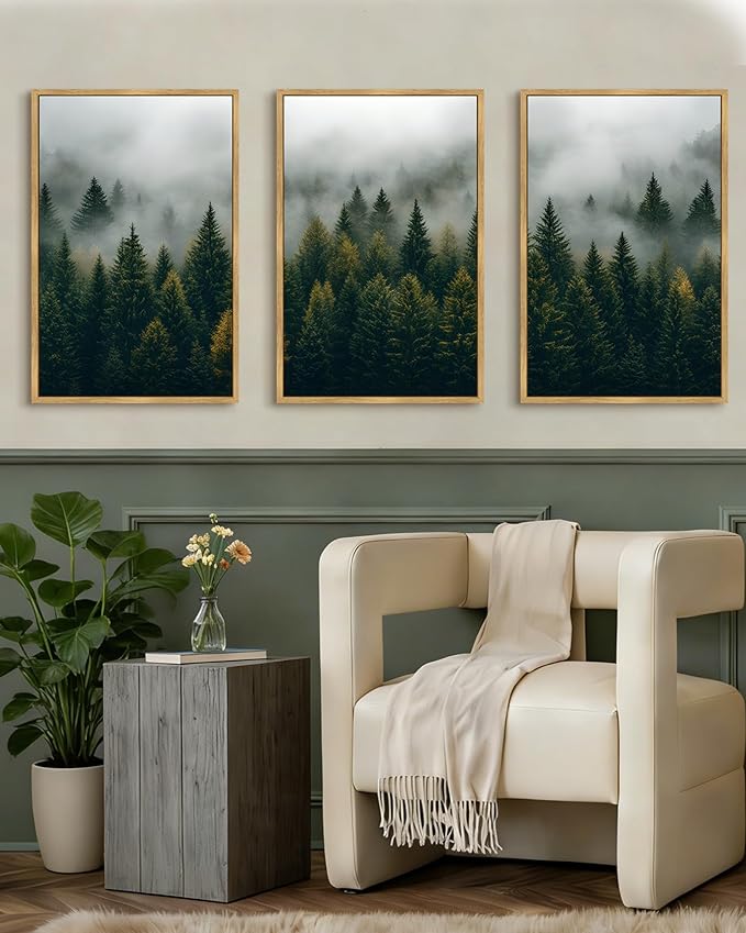 Drsoum Fog Pine Tree Landscape Wall Art Framed Nature Misty Nordic Forests Prints Morden Farmhouse Rustic Artwork Hallway Bathroom Ready to Hang 16x24in Natural Framed