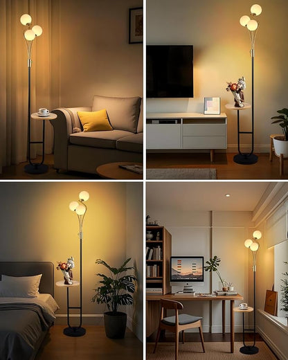 Lightdot Dimmable Gold &Black Floor Lamp with Tray 65IN Mid Century Standing Lamps with Shelf, 3000K Warm White Bulbs Included, Modern Globe Floor Lamp for Living Room/Bedroom/Sofa Beside/Corner Decor