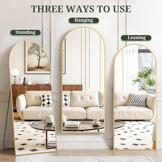 Mirror Full Length 64"x21" Full Body Floor Mirror with Stand, Shatterproof Glass, Aluminum Alloy Frame, Free Standing Wall Mounted or Leaning Arched Mirrors for Bedroom Living Room Entryway