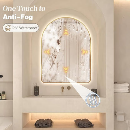 Niccy Arched LED Lighted Bathroom Mirror, 36x24 Inch Backlit Vanity Bathroom Mirror with Lights Brushed Gold Framed Wall Mounted Mirrors with 3 Color Shatterproof Arch Smart Fog Free Mirror