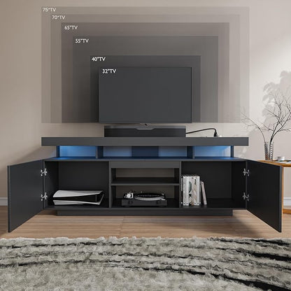 HOMMPA 75 Inch LED TV Stand, Modern Tall Entertainment Center with Power Outlets for Living Room, Bedroom, High Gloss Black TV Console with Storage, Gaming Media Cabinet for 75/70/65/55 Inch TVs