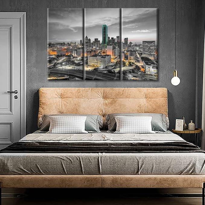 TUMOVO American Cityscape Wall Decor Posters and Prints 3 Panels Dallas Nighttime Lightscape Pictures Wall Decor for Bedroom City Skyline Art Prints Framed Ready to Hang (42" Wx28 H)