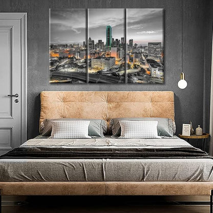 TUMOVO American Cityscape Wall Decor Posters and Prints 3 Panels Dallas Nighttime Lightscape Pictures Wall Decor for Bedroom City Skyline Art Prints Framed Ready to Hang (42" Wx28 H)
