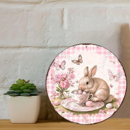 Easter Bunny in a Tea Cup Wreath Metal Sign Rustic Farmhouse Design Floral Spring Decor For Front Door Wall Art 12X12Inch