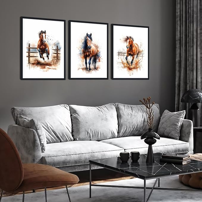 3 Pieces Watercolor Horse Framed Canvas Wall Art Equestrian Horse Picture Wall Decor for Farmhouse Modern Running Horses Print Artwork for Living Room Decoration Easy to Hand 16x24inchx3pcs