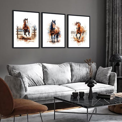 3 Pieces Watercolor Horse Framed Canvas Wall Art Equestrian Horse Picture Wall Decor for Farmhouse Modern Running Horses Print Artwork for Living Room Decoration Easy to Hand 16x24inchx3pcs