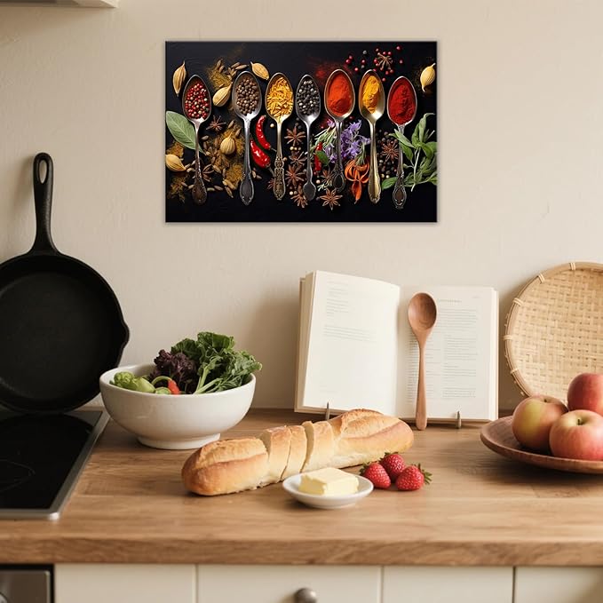OAAPITI Spice Spoons Kitchen Wall Art Culinary Herbs Canvas Vibrant Food Art for Dining Room Gourmet Kitchen Decor(Artwork-8,20"x30")