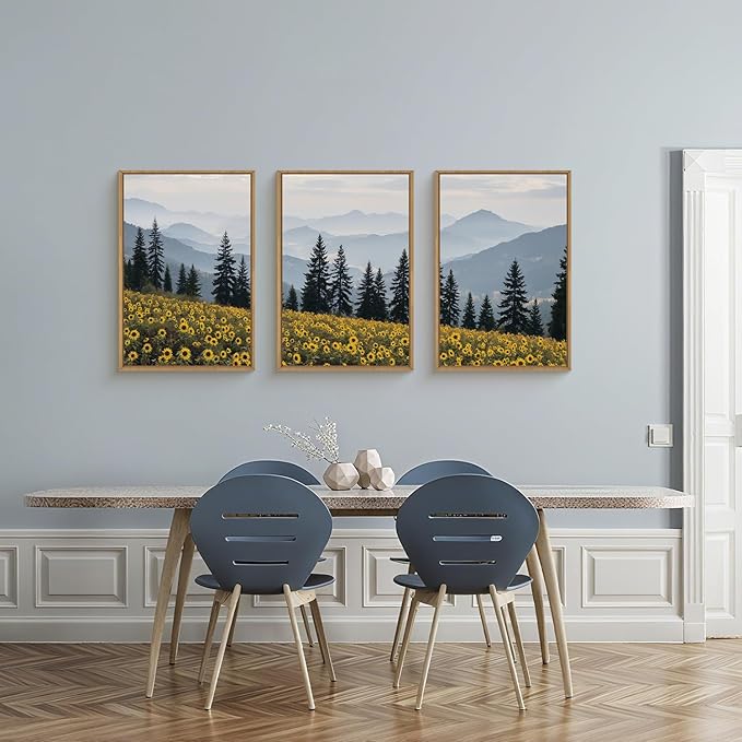 HPNIUB Mountain Sunflowers Landscape Framed Wall Art Set Nature Pine Tree Wall Decor,Boho Misty Forest Art Print Rustic Wildflower Painting Artwork for Living Room, Bedroom,Office-16''x24''x3