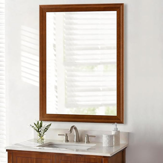 Tanmicoshomy Wood Bathroom Mirror 24 x 36 Inch, Solid Wood Framed Rectangle Mirrors with Shatter-Proof Glass for Living Room Bedroom Office or Entryway (Brown)
