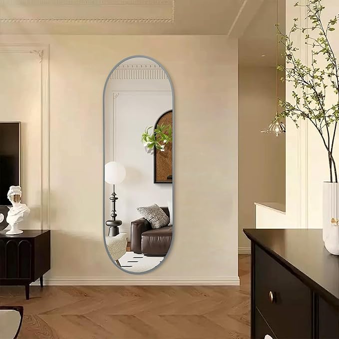 JJUUYOU Oval Full Length Bathroom Mirror 63"X20" Wall Mounted Vanity Mirrors Metal Frame Mirror Aluminum Alloy Frame Mirrors for Bedroom Entryway Living Room,Grey