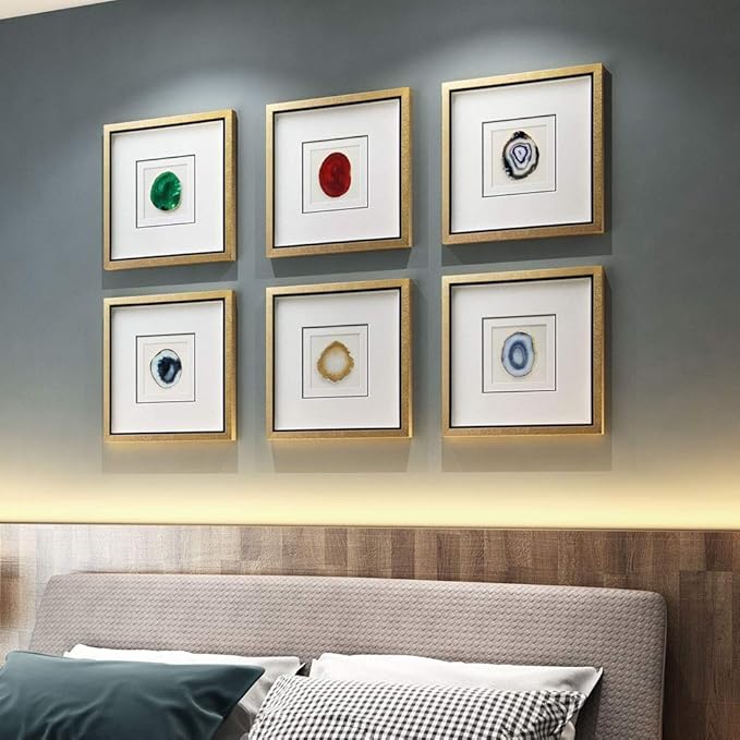 Handmade 15.7"x15.7" Gold Edge Natural Agate Wall Art with Shadow Box Frame Front Glass for Living Room Bedroom Home Decoration