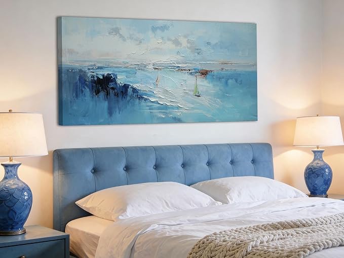Ardemy Blue Wall Art Canvas for Living Room Textured Turquoise Painting for Bedroom Teal Artwork Framed Home Office Kitchen Dining Room Mens Room Wall Decor, Extra Large 58"x29"