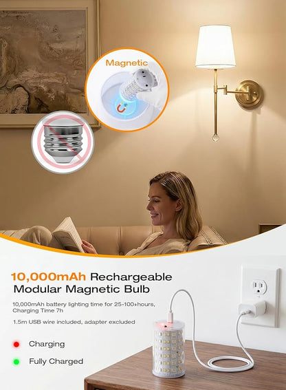 CLOUDY BAY 10000mAh Battery Operated Wall Sconces,Up to 100 Hours with Rechargeable RGB Dimmable Magnetic Bulb,Cordless Wall Lighting Fixtures with Remote for Bedroom,Soft Gold,2 Pack-18.6inch