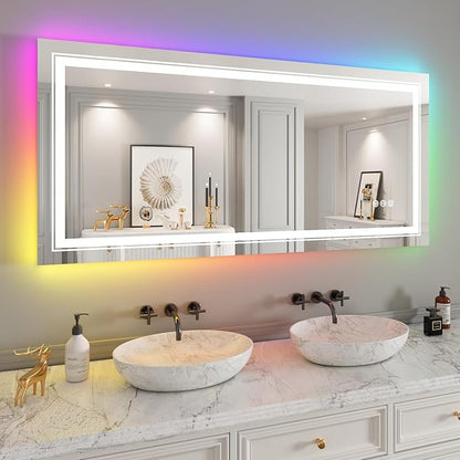 Snowdool LED Mirror for Bathroom, 60"X28" with 8 RGB Backlit +3 Front Lit (Adjustable Individually), Anti-Fog, Large Lighted Bathroom Vanity Mirror for Wall,Shatterproof,Memory Function,Tempered Glass