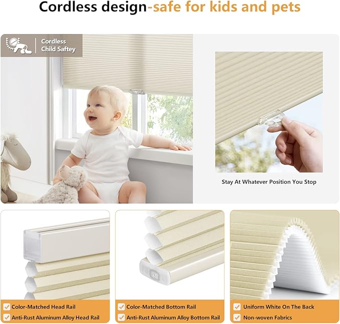 LazBlinds Cordless Cellular Shades, Light Filtering Honeycomb Shades for Home, Thermal Insulation Noise Reduction Blinds for Windows, 20'' W x 64'' H, Cream