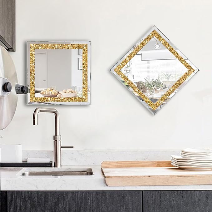 ZOLAPI 2PCS Crystal Rhinestone Diamond Wall Mirror.Brilliant Hand-Spliced Glass Mirror.Gold Accent Decorative Mirror for Hallway/Bathroom/Bedroom（12”x12”）