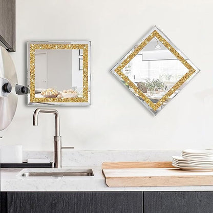 ZOLAPI 2PCS Crystal Rhinestone Diamond Wall Mirror.Brilliant Hand-Spliced Glass Mirror.Gold Accent Decorative Mirror for Hallway/Bathroom/Bedroom（12”x12”）