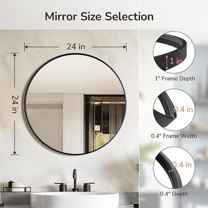 USHOWER Black Round Mirror for Over Sink 24-inch, Circle Bathroom Mirror, Metal Frame Vanity Mirror, Modern Wall Mirror for Entryway Living Room